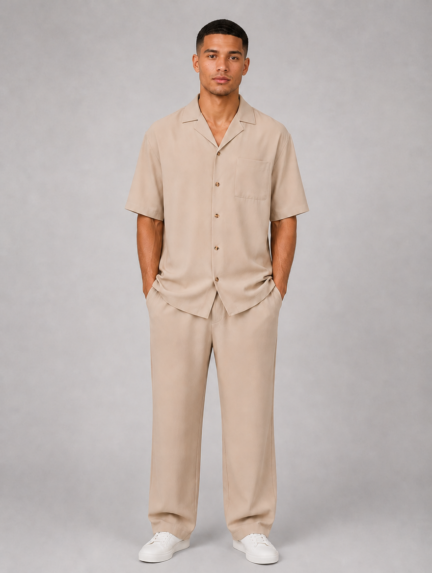 Men's Relaxed Summer Co-Ord Set – Short Sleeve Shirt & Drawstring Trousers — Beige
