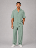 Men's Relaxed Summer Co-Ord Set – Short Sleeve Shirt & Drawstring Trousers — Sage