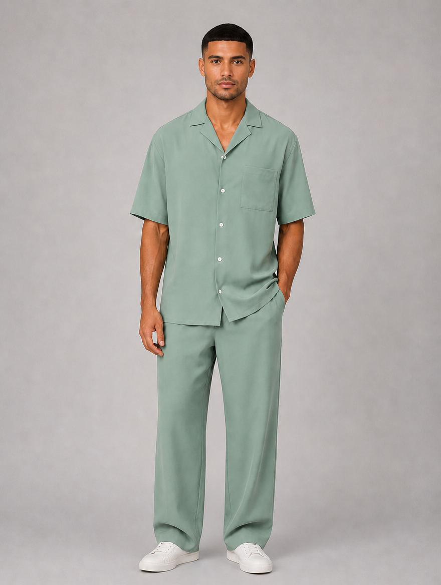 Men's Relaxed Summer Co-Ord Set – Short Sleeve Shirt & Drawstring Trousers — Sage