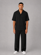 Men's Relaxed Summer Co-Ord Set – Short Sleeve Shirt & Drawstring Trousers — Black