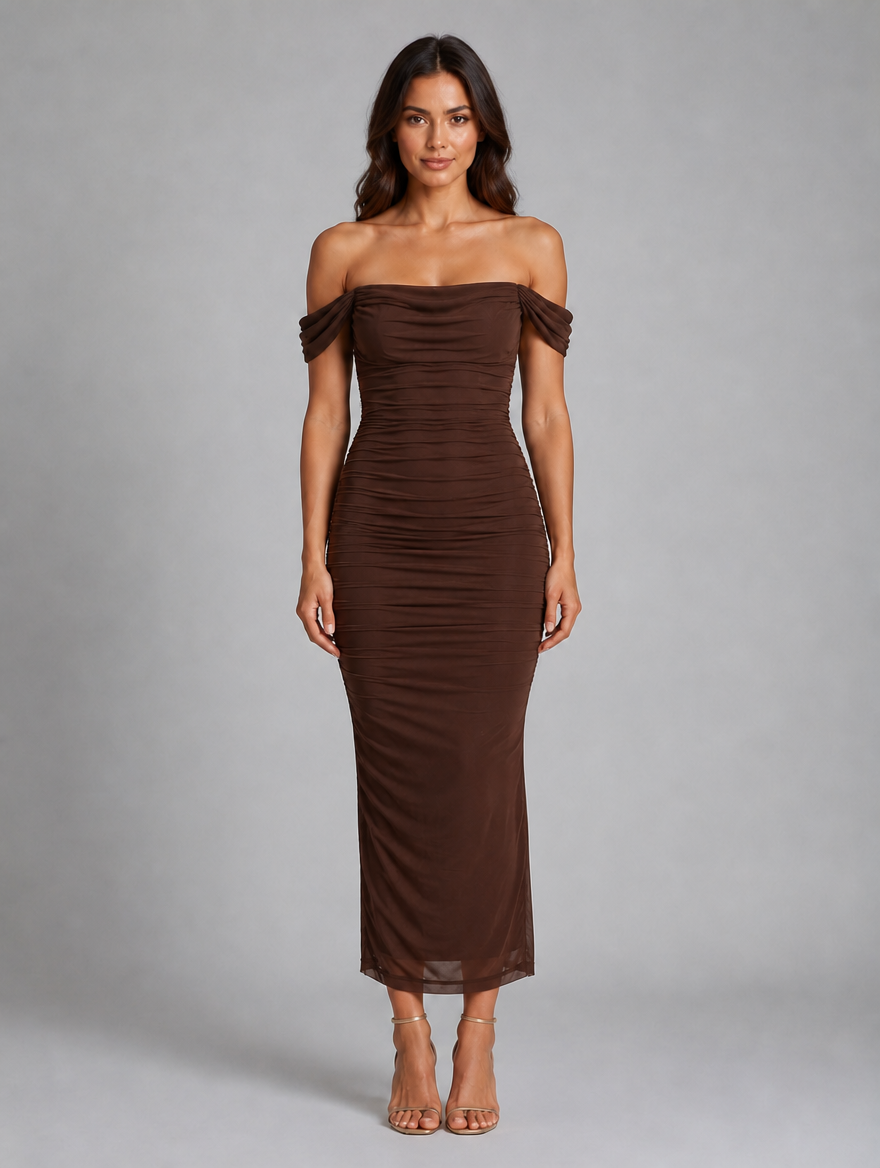 Women's Off-Shoulder Ruched Maxi Dress — Brown