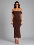Women's Off-Shoulder Ruched Maxi Dress — Brown