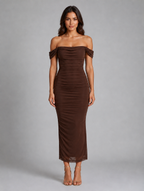 Women's Off-Shoulder Ruched Maxi Dress — Brown
