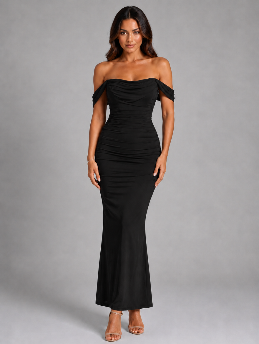 Women's Off-Shoulder Ruched Maxi Dress — Black
