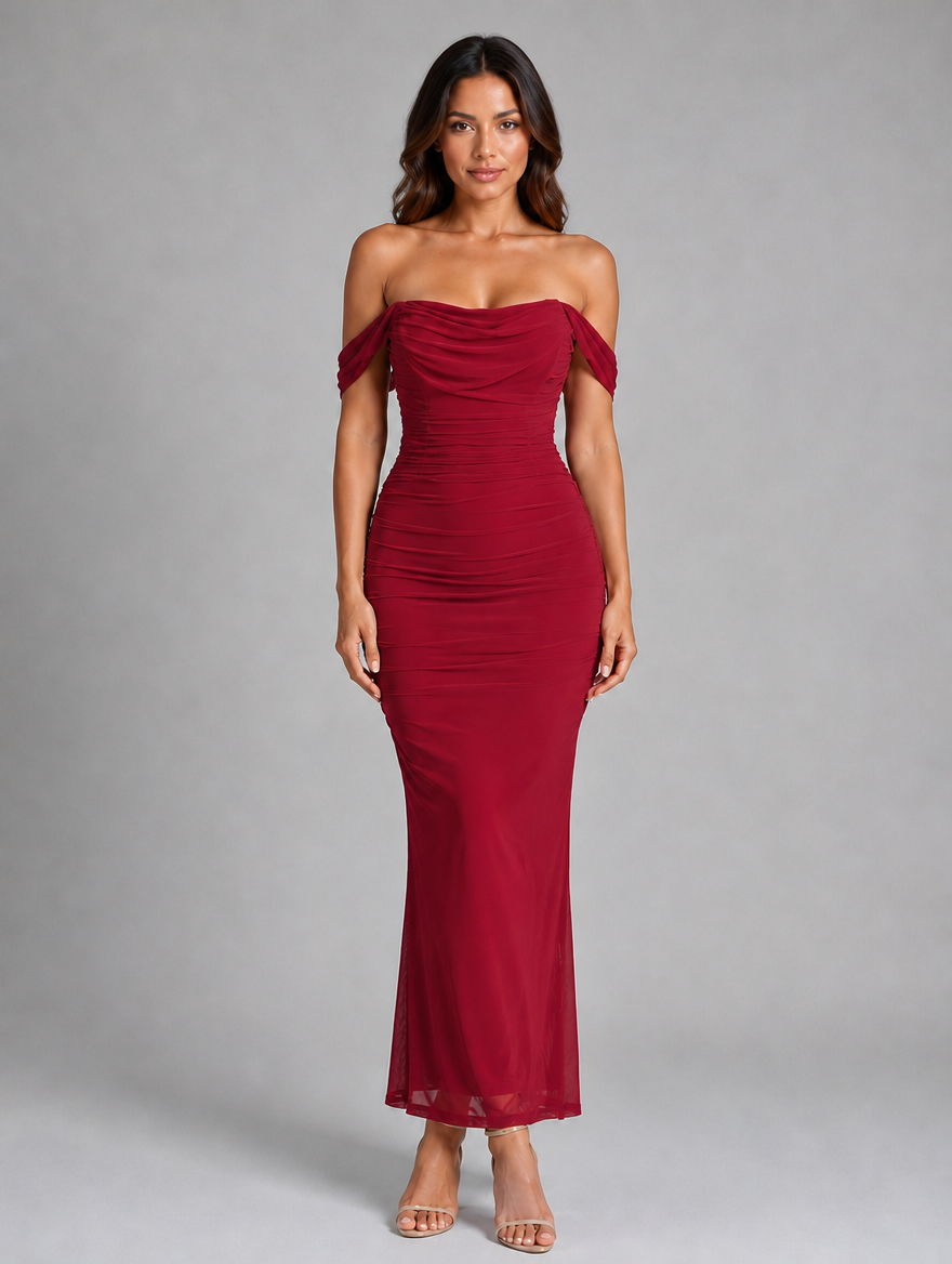 Women's Off-Shoulder Ruched Maxi Dress — Burgundy