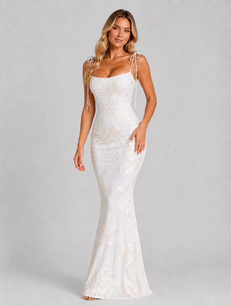 Women's Floral Embroidered Maxi Dress – Tie Strap Occasion Gown — Ivory