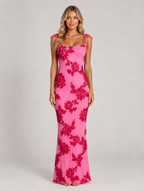 Women's Floral Embroidered Maxi Dress – Tie Strap Occasion Gown — Pink