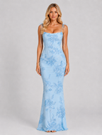 Women's Floral Embroidered Maxi Dress – Tie Strap Occasion Gown — Light Blue