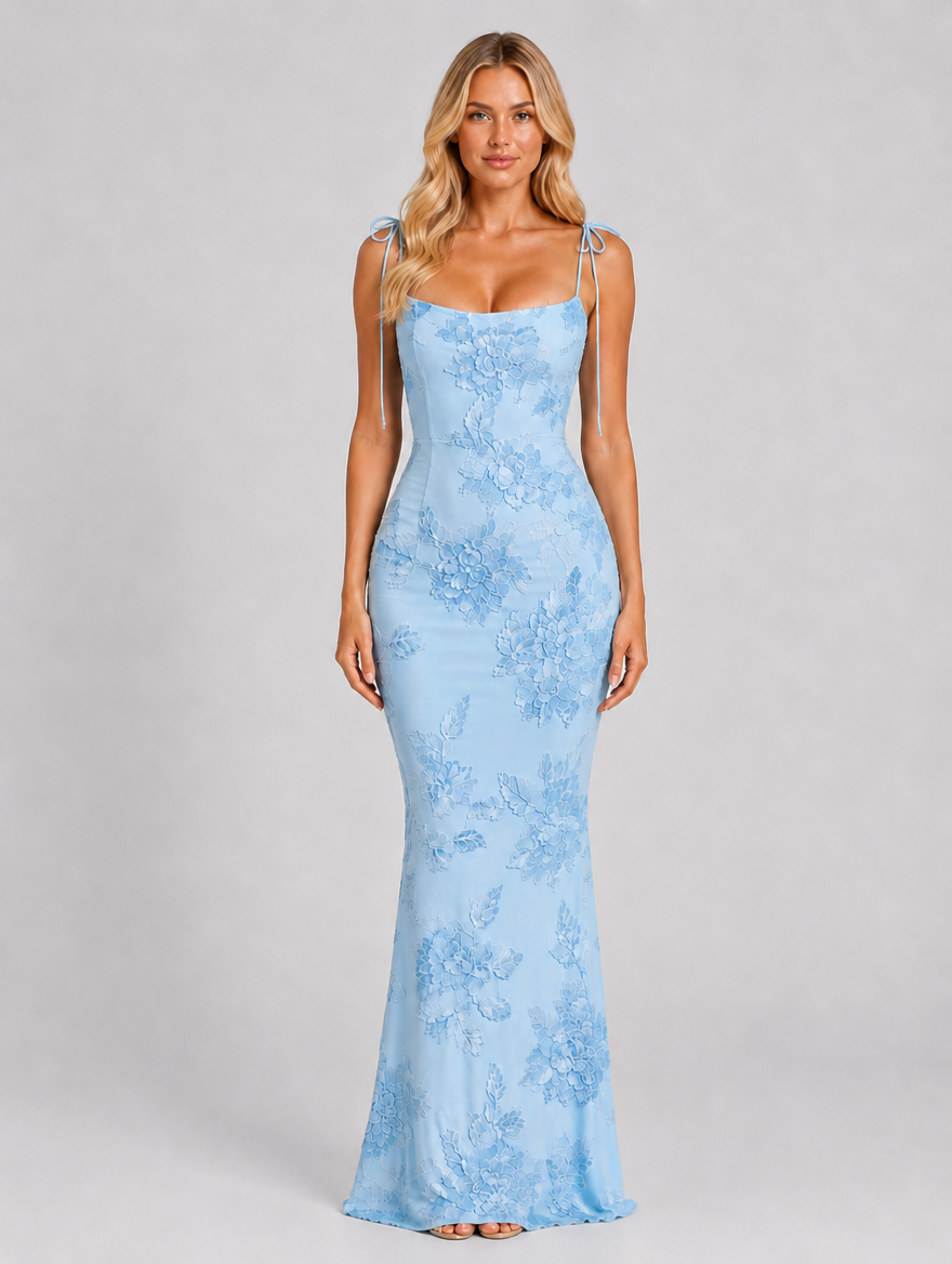 Women's Floral Embroidered Maxi Dress – Tie Strap Occasion Gown — Light Blue