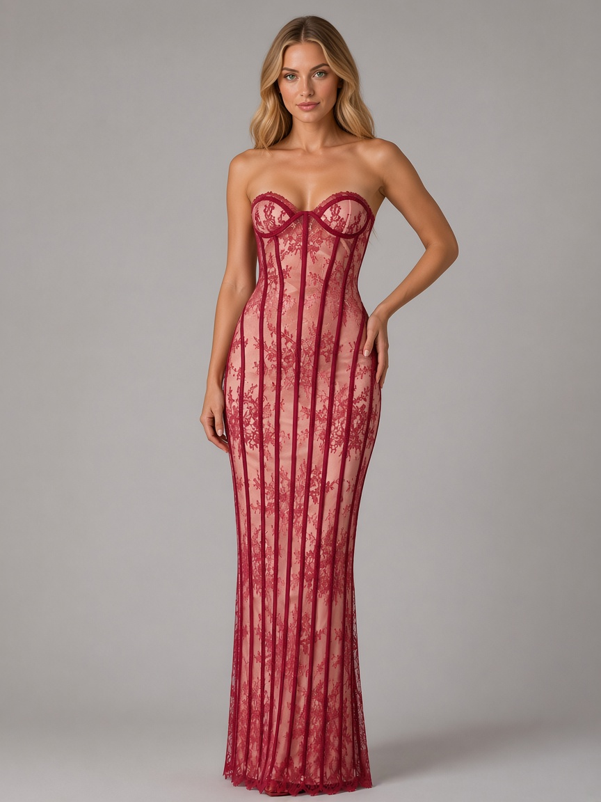 Women's Strapless Lace Corset Maxi Dress — Red