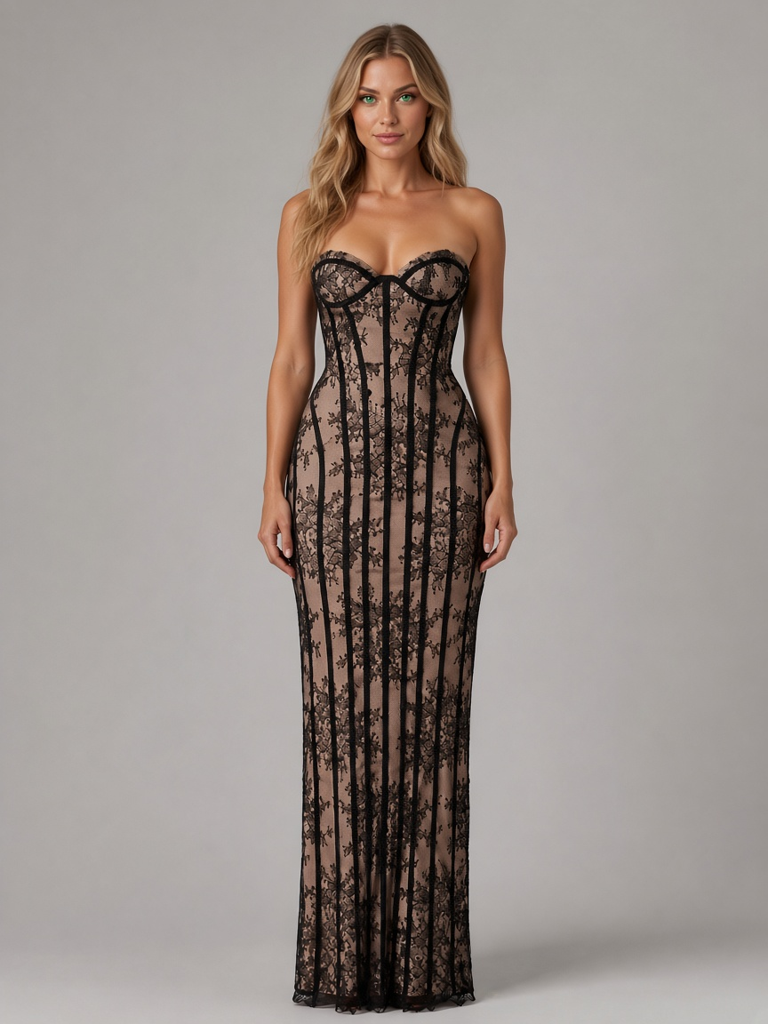Women's Strapless Lace Corset Maxi Dress — Black