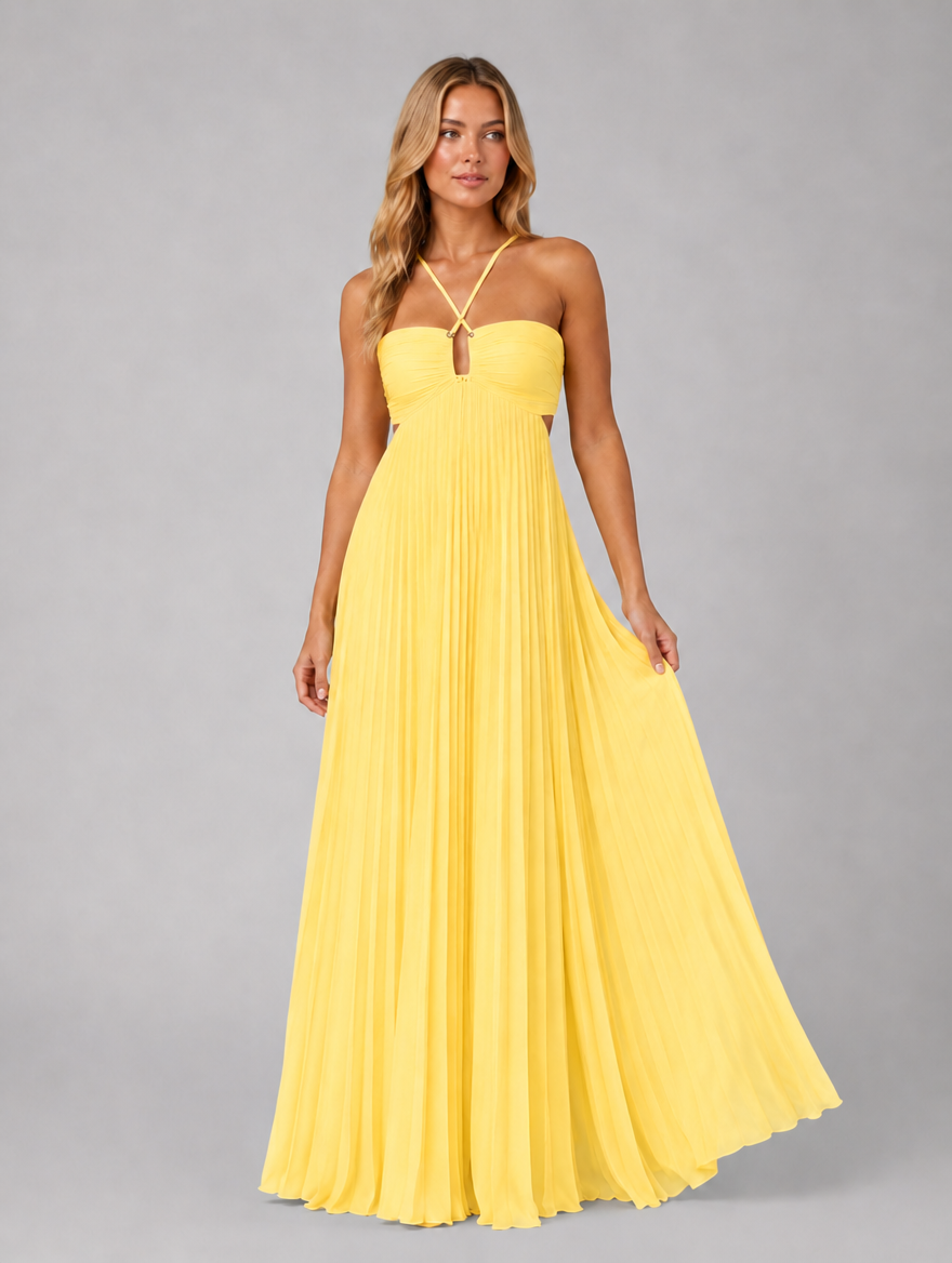 Women's Pleated Halterneck Maxi Dress – Wedding Guest Gown — Yellow