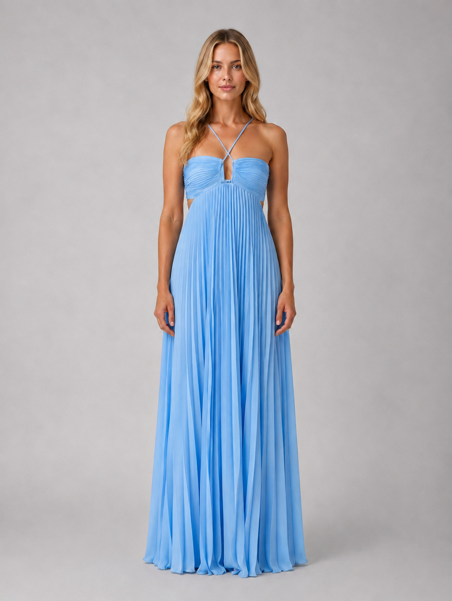 Women's Pleated Halterneck Maxi Dress – Wedding Guest Gown — Blue