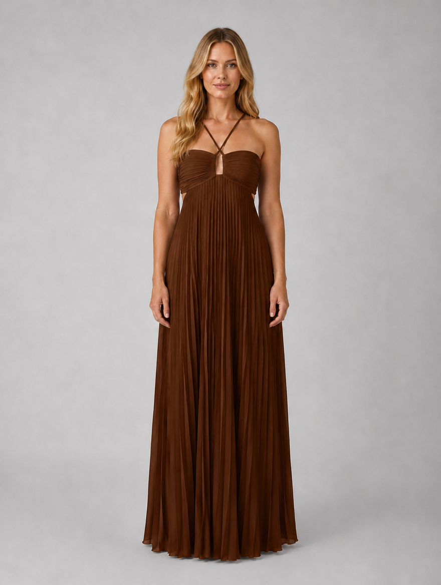 Women's Pleated Halterneck Maxi Dress – Wedding Guest Gown — Brown