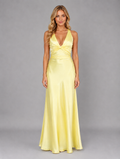 Women’s Satin Feel Halter Neck Maxi Dress – Ruched Evening Gown — Yellow