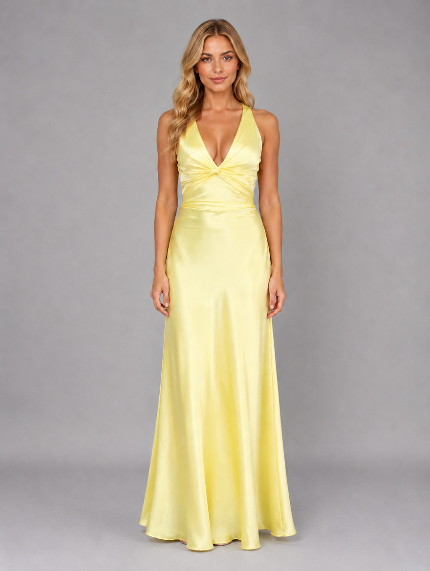 Women’s Satin Feel Halter Neck Maxi Dress – Ruched Evening Gown — Yellow