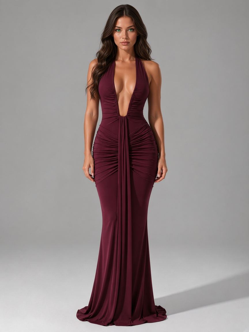 Women’s Ruched Halterneck Maxi Dress — Burgundy