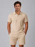 Men's Textured Polo Shirt & Shorts Set – Summer Holiday Co-Ord — Apricot