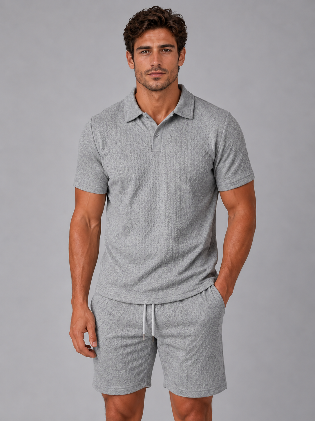 Men's Textured Polo Shirt & Shorts Set – Summer Holiday Co-Ord — Grey