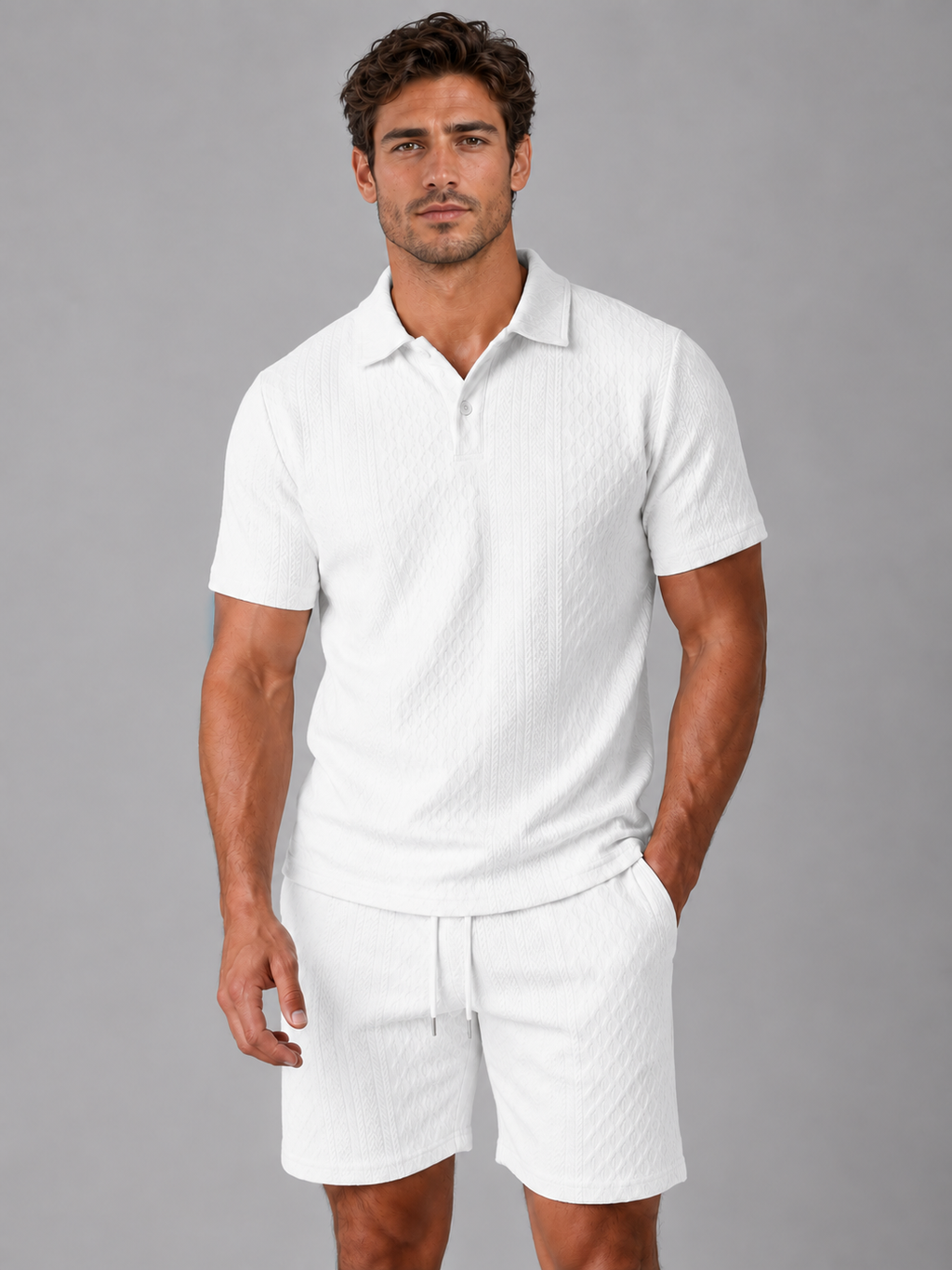 Men's Textured Polo Shirt & Shorts Set – Summer Holiday Co-Ord — White