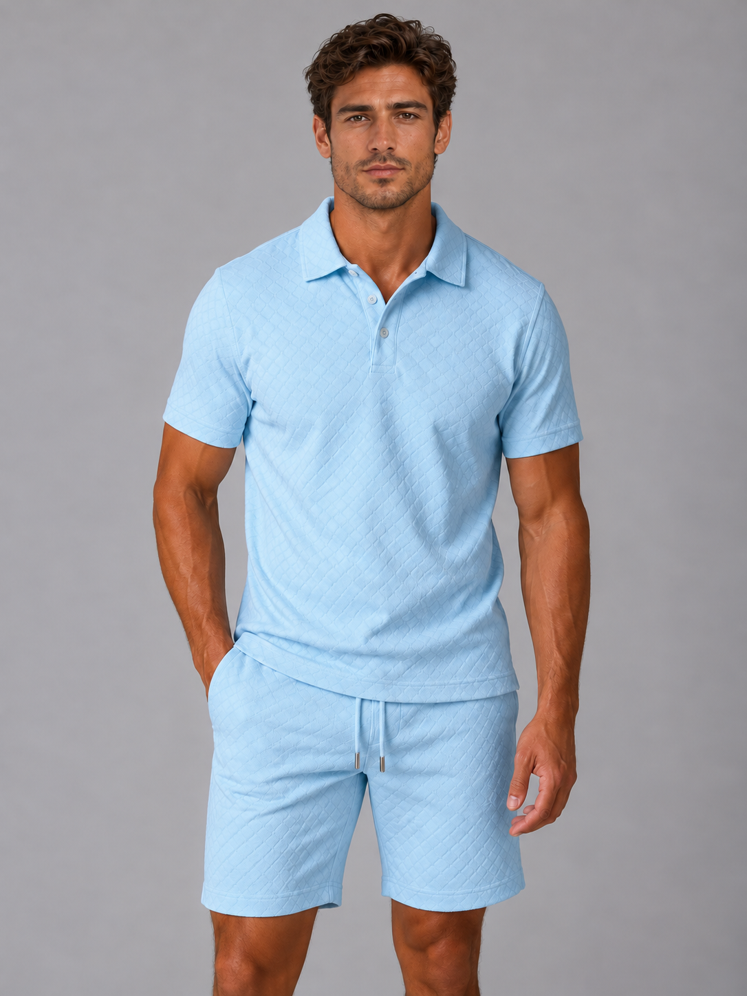 Men's Textured Polo Shirt & Shorts Set – Summer Holiday Co-Ord — Sky Blue