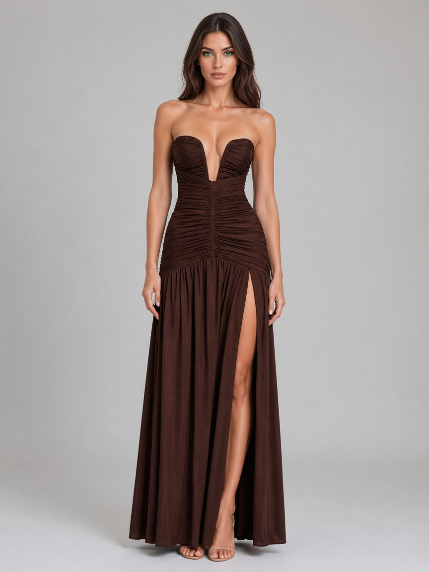 Women’s Strapless Ruched Maxi Dress – Wedding Guest Gown — Brown