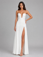Women’s Strapless Ruched Maxi Dress – Wedding Guest Gown — White