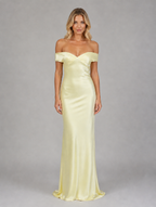 Women’s Satin Feel Off Shoulder Maxi Dress – Wedding Guest Gown — Yellow