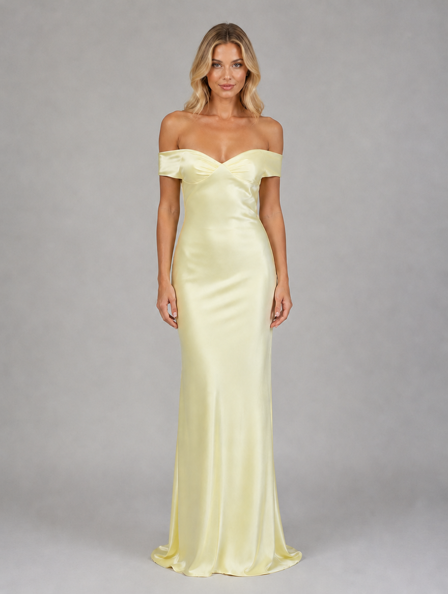 Women’s Satin Feel Off Shoulder Maxi Dress – Wedding Guest Gown — Yellow