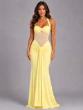 Women’s Halter Mesh Maxi Dress – Ruched Occasion Gown — Yellow