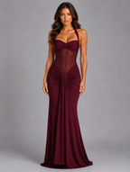 Women’s Halter Mesh Maxi Dress – Ruched Occasion Gown — Burgundy