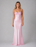 Women’s Sequin Embellished Satin Feel Maxi Dress – Halter Evening Gown — Pink