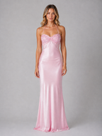 Women’s Sequin Embellished Satin Feel Maxi Dress – Halter Evening Gown — Pink