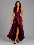 Women’s Satin Feel Ruffle Halter Maxi Dress — Burgundy