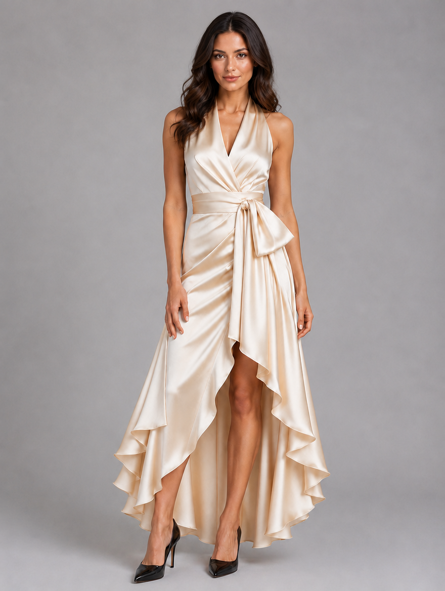 Women’s Satin Feel Ruffle Halter Maxi Dress — Champagne