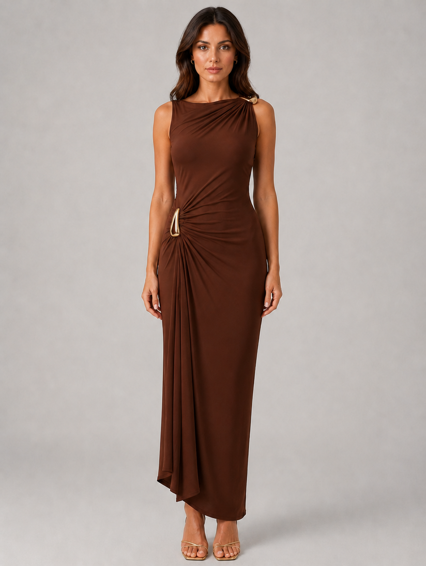 Women’s High Neck Ruched Maxi Dress –  Gold Detail Gown — Brown