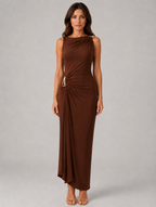 Women’s High Neck Ruched Maxi Dress –  Gold Detail Gown — Brown