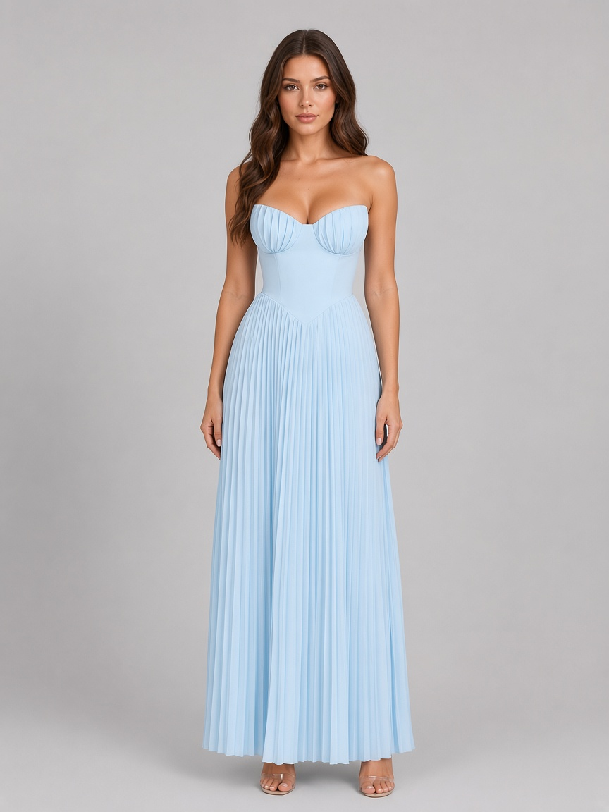 Women’s Strapless Pleated Maxi Dress – Wedding Guest Gown — Light Blue