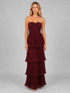 Women’s Strapless Tiered Maxi Dress – Elegant Evening Gown — Burgundy
