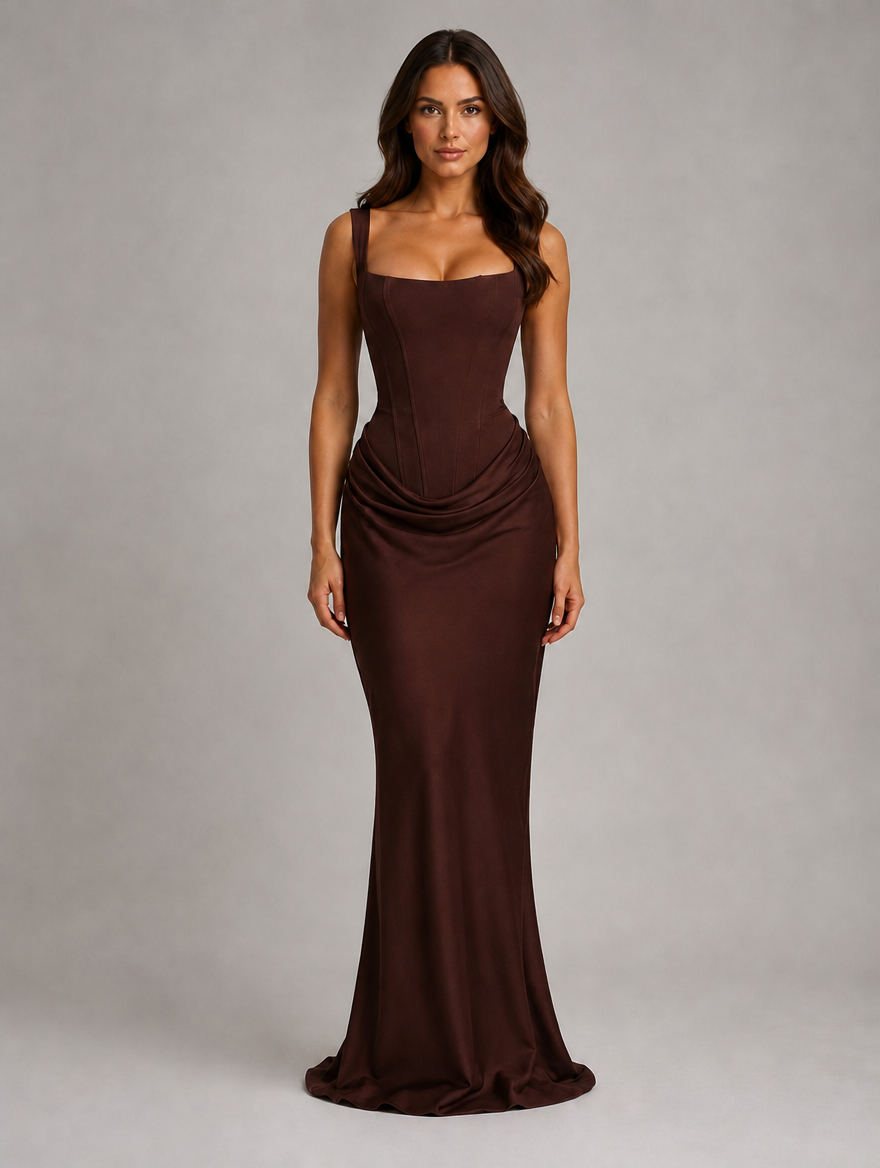 Women’s Bodycon Draped Corset Maxi Dress — Brown