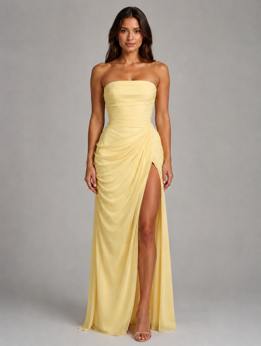 Women’s Draped Corset Maxi Dress – Sculpted Fit — Yellow
