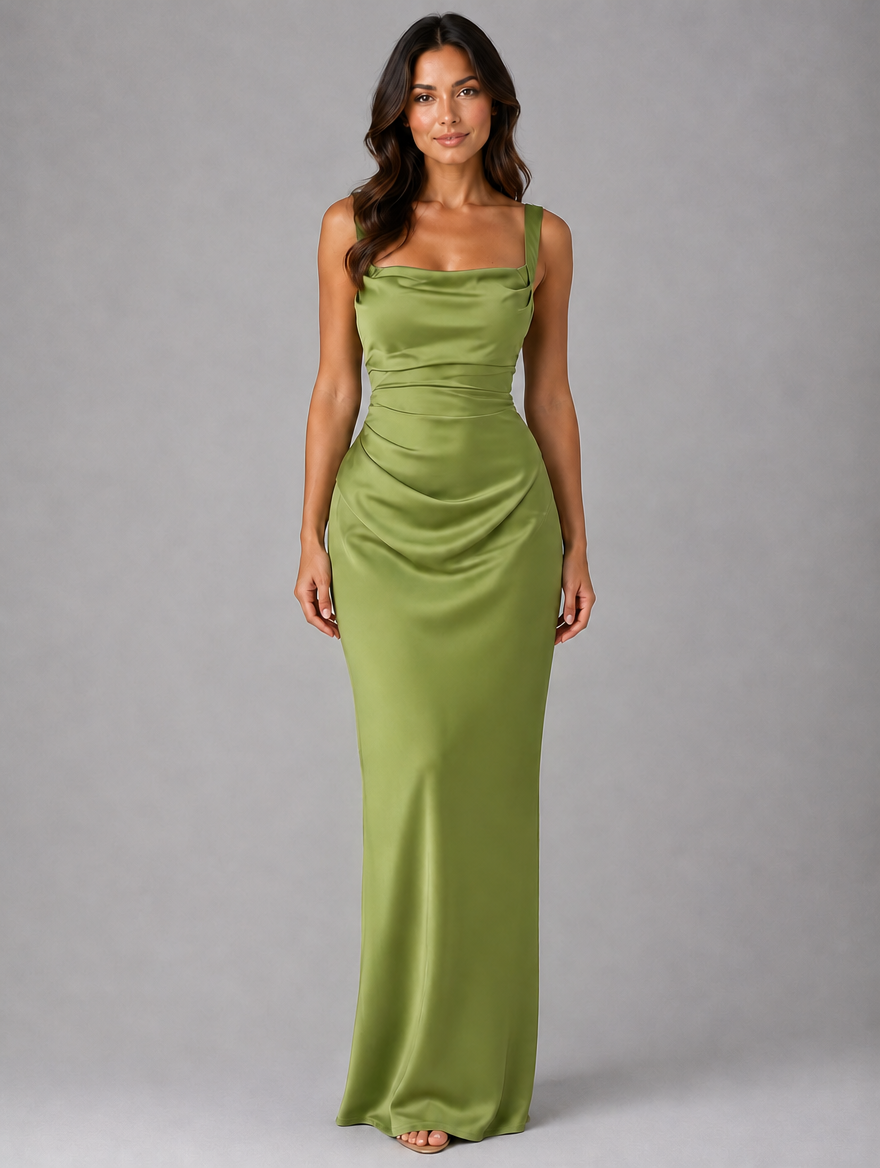 Women’s Satin Feel Ruched Waist Maxi Dress — Green