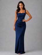 Women’s Satin Feel Ruched Waist Maxi Dress — Navy