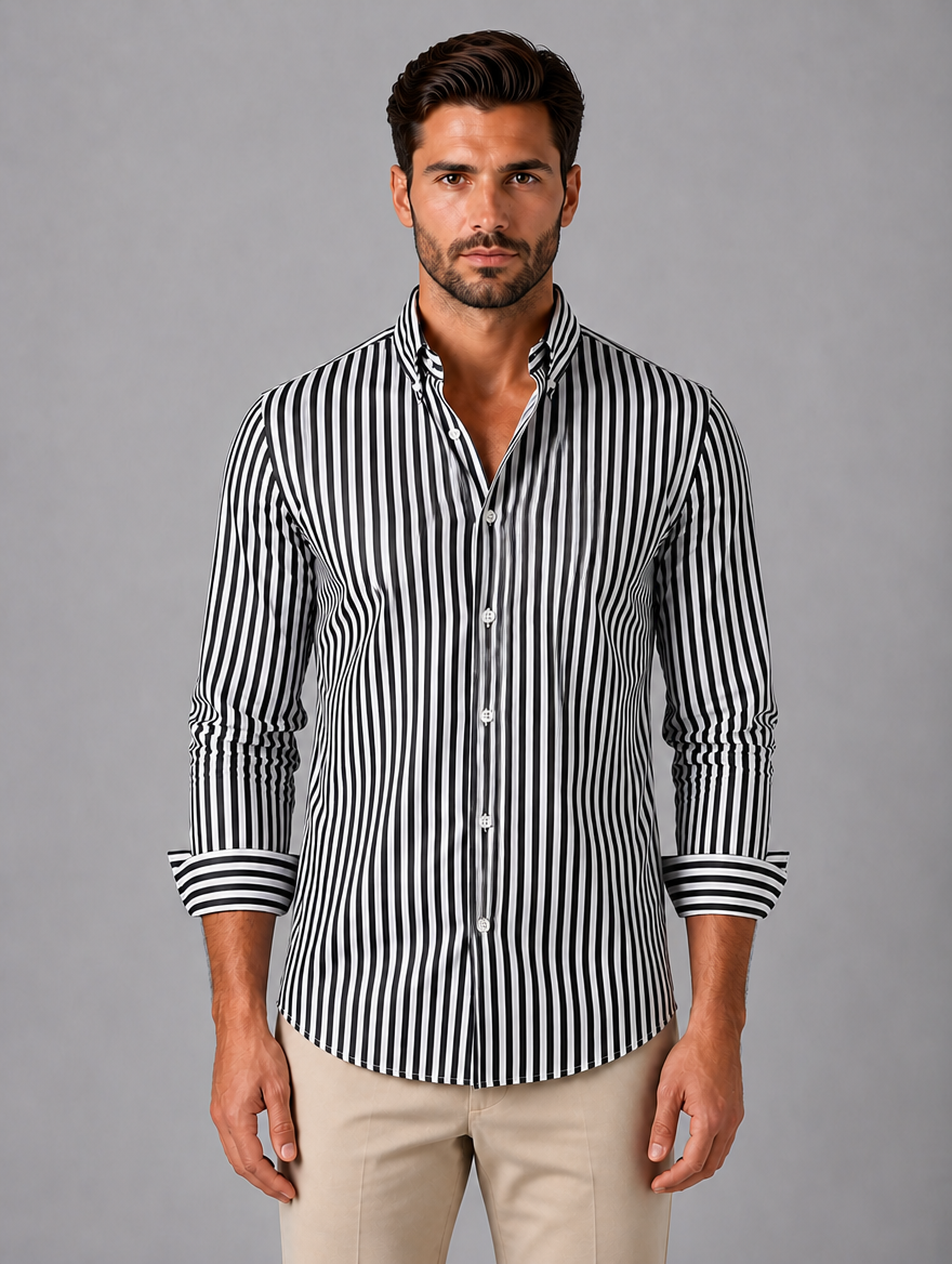 Men’s Striped Long Sleeve Shirt – Smart Casual Button-Up Style — Black