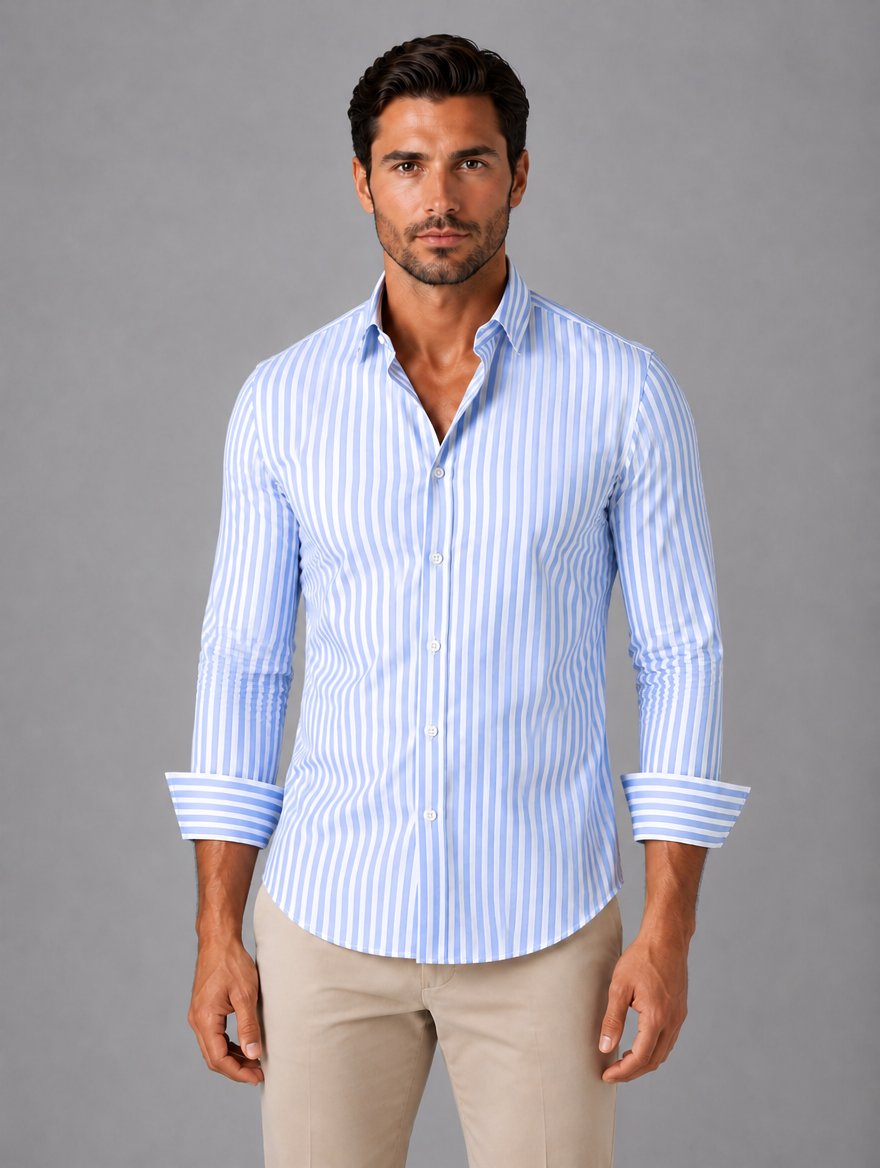 Men’s Striped Long Sleeve Shirt – Smart Casual Button-Up Style — Light Blue