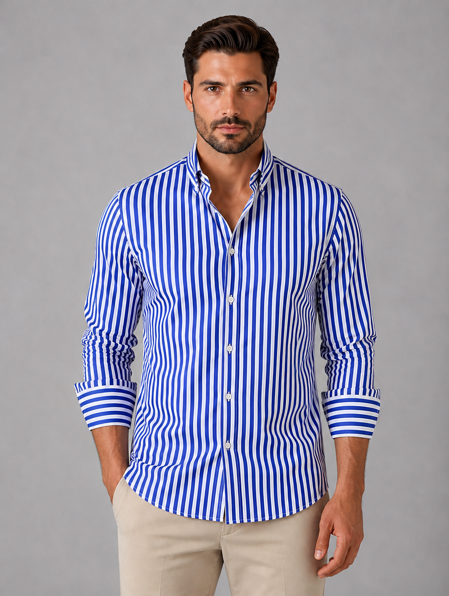 Men’s Striped Long Sleeve Shirt – Smart Casual Button-Up Style — Blue