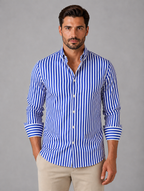 Men’s Striped Long Sleeve Shirt – Smart Casual Button-Up Style — Blue