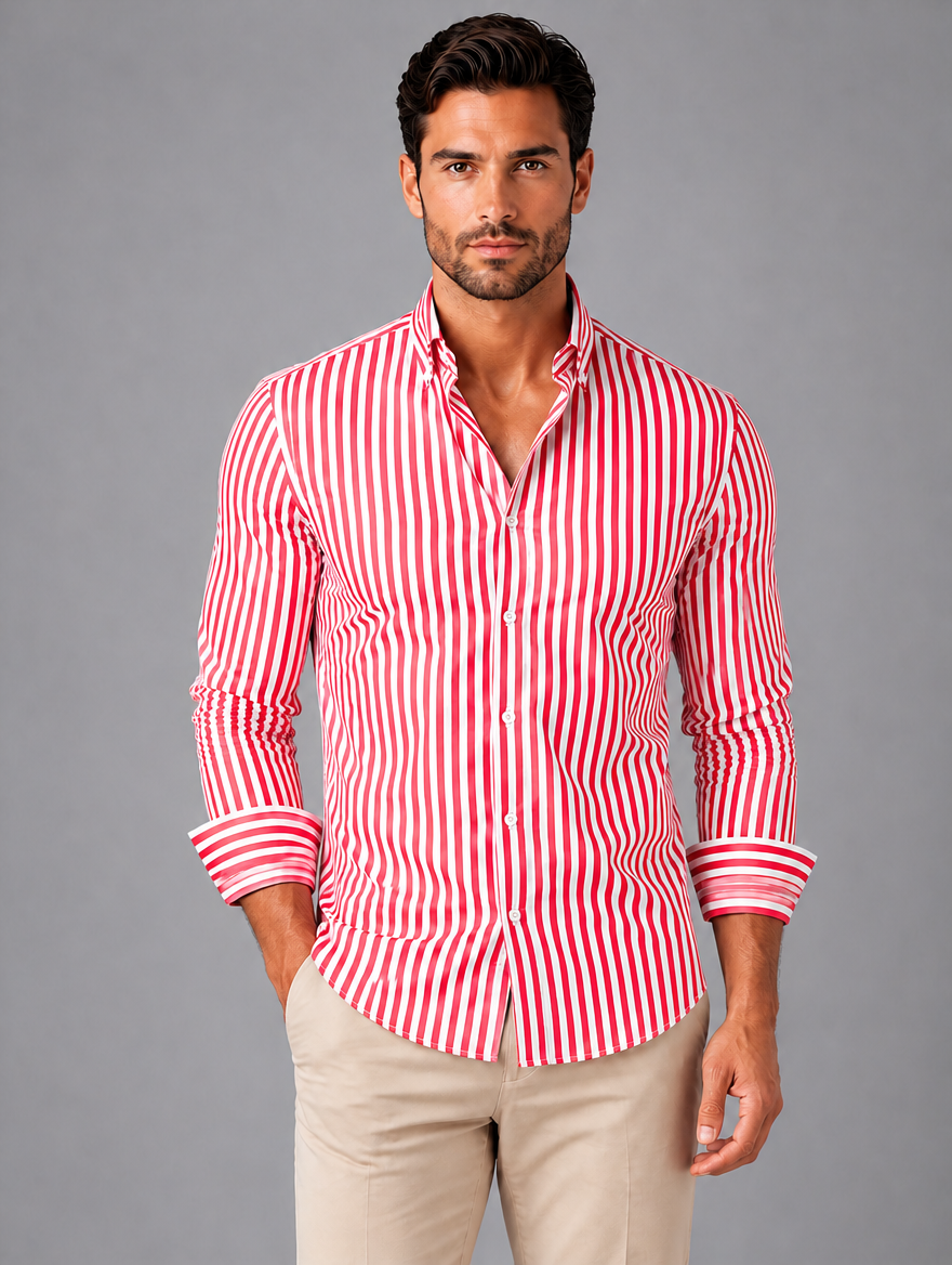 Men’s Striped Long Sleeve Shirt – Smart Casual Button-Up Style — Red
