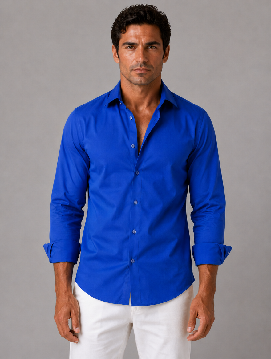 Men’s Slim Fit Stretch Dress Shirt – Smart Business Formal Style — Blue