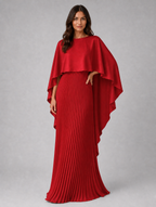 Women’s Pleated Maxi Dress with Cape Sleeves — Red